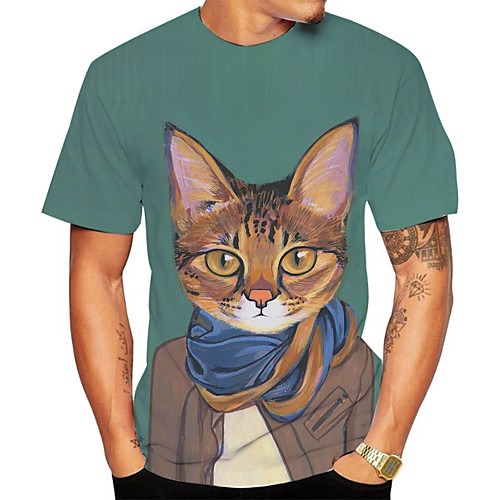 

Men's Daily Going out Basic T-shirt - 3D / Animal Cat Green
