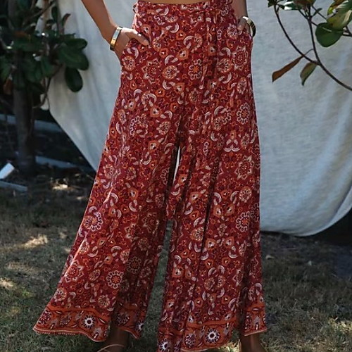 

Women's Active / Boho Daily Wide Leg / Chinos Pants - Print Floral / Drawstring Red S M L