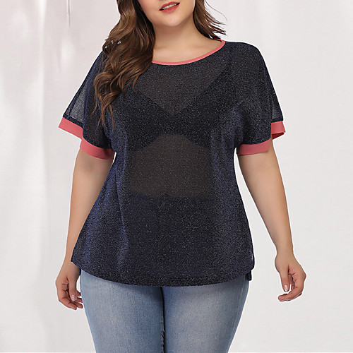 

Women's Daily Going out Sexy / Street chic Blouse - Solid Colored Mesh Navy Blue