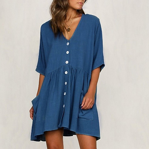 

Women's Shift Dress - 3/4 Length Sleeve Solid Color V Neck Elegant Loose Black Blue Blushing Pink Khaki S M L XL