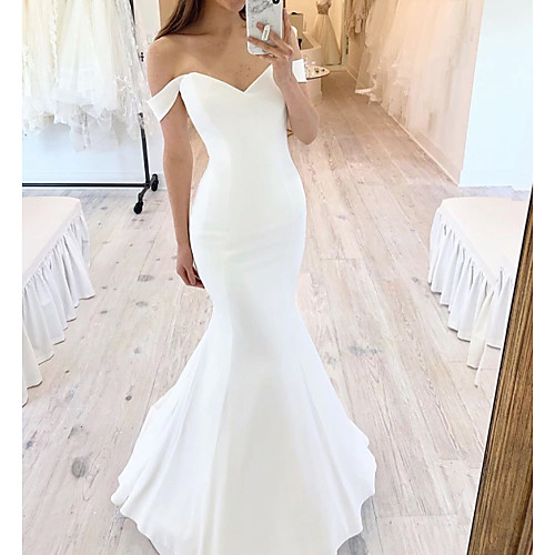 

Mermaid / Trumpet Off Shoulder Floor Length Satin Short Sleeve Sexy Wedding Dresses with 2020