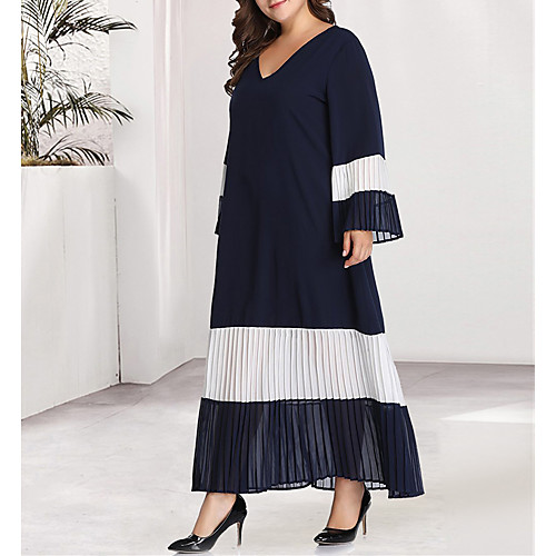 

Women's Blue Black Dress Casual Daily A Line Loose Color Block Solid Color Flare Cuff Sleeve Blue & White Black & Red Pleated Patchwork Basic XL XXL