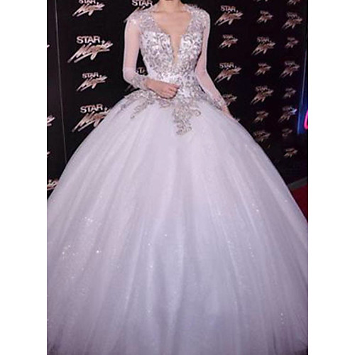 

A-Line V Neck Court Train Lace / Tulle / Sequined Long Sleeve Sexy See-Through / Backless Wedding Dresses with Embroidery 2020