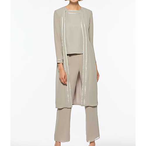 

Pantsuit / Jumpsuit Jewel Neck Floor Length Chiffon Long Sleeve Elegant Mother of the Bride Dress with Sequin Mother's Day 2020