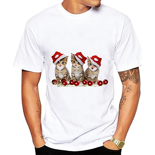 

Men's Daily Going out Basic T-shirt - 3D / Animal / Cartoon Cat White