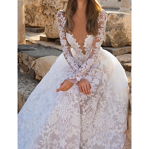 

A-Line V Neck Court Train Chiffon / Lace Long Sleeve Sexy See-Through Wedding Dresses with Embroidery 2020