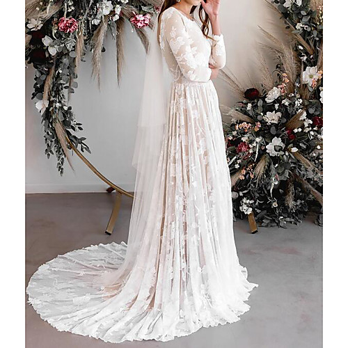 

A-Line Jewel Neck Sweep / Brush Train Lace / Tulle Long Sleeve Sexy See-Through / Backless Wedding Dresses with Embroidery 2020