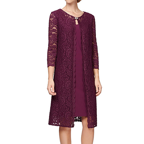 

Two Piece / Sheath / Column V Neck Knee Length Chiffon / Lace 3/4 Length Sleeve Elegant Mother of the Bride Dress with Lace Mother's Day 2020