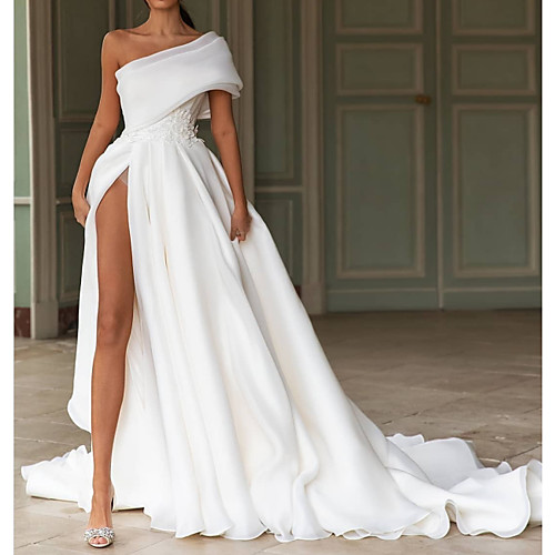 

A-Line One Shoulder Sweep / Brush Train Chiffon Over Satin Short Sleeve Simple Modern Wedding Dresses with Split Front 2020