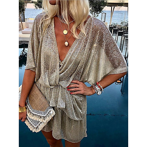 

Women's Mini Shirt Dress - Half Sleeve Solid Color Summer V Neck Elegant Loose 2020 Silver S M L XL