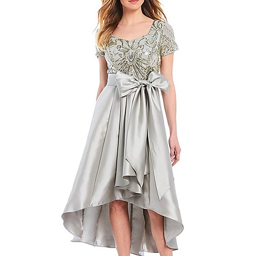 

A-Line Jewel Neck Tea Length Satin Short Sleeve Elegant Mother of the Bride Dress with Bow(s) / Pleats / Sequin Mother's Day 2020