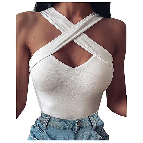 

Women's Daily Going out Sexy Tank Top - Solid Colored Criss Cross Halter Neck / V Neck Red