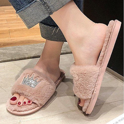 

Women's Slippers & Flip-Flops Fall / Winter Flat Heel Open Toe Daily Faux Fur Black / Pink / Beige