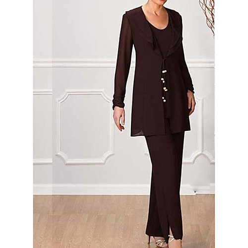 

Pantsuit / Jumpsuit Jewel Neck Floor Length Chiffon Long Sleeve Elegant Mother of the Bride Dress with Ruffles Mother's Day 2020