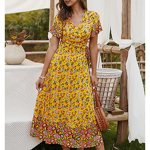 

Women's 2020 Yellow Green Dress Casual Summer A Line Floral S M