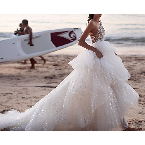 

A-Line One Shoulder Watteau Train Lace / Tulle Sleeveless Sexy See-Through Wedding Dresses with Cascading Ruffles 2020