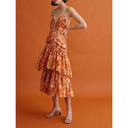 

A-Line Spaghetti Strap Tea Length Spandex Boho / Floral Holiday / Party Wear Dress with Ruffles / Tier / Pattern / Print 2020