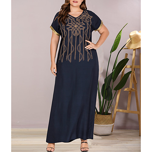 

Women's Plus Size Maxi Shift Dress - Short Sleeves Color Block Solid Color Embroidered Patchwork Summer V Neck Casual Elegant Daily Going out Flare Cuff Sleeve Loose 2020 Navy Blue L XL XXL XXXL