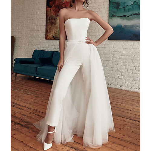 

Jumpsuits Strapless Sweep / Brush Train / Detachable Tulle / Stretch Satin Sleeveless Casual Modern Wedding Dresses with Split Front 2020