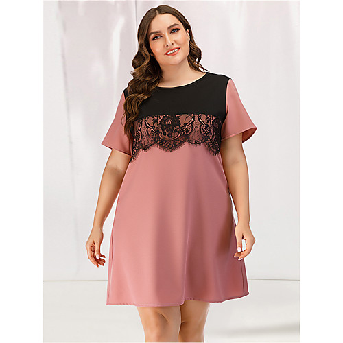

Women's Lace Dress - Short Sleeves Color Block Solid Color Lace Patchwork Summer Casual Elegant Party Going out 2020 Blushing Pink L XL XXL XXXL XXXXL