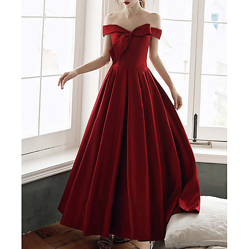 

A-Line Off Shoulder Floor Length Satin Minimalist / Red Engagement / Formal Evening Dress with Bow(s) 2020