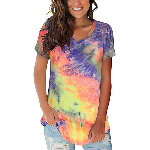 

Women's Tie Dye T-shirt - Print V Neck Basic Daily Spring Summer Blue Purple Red Yellow Rainbow Gray S M L XL 2XL 3XL