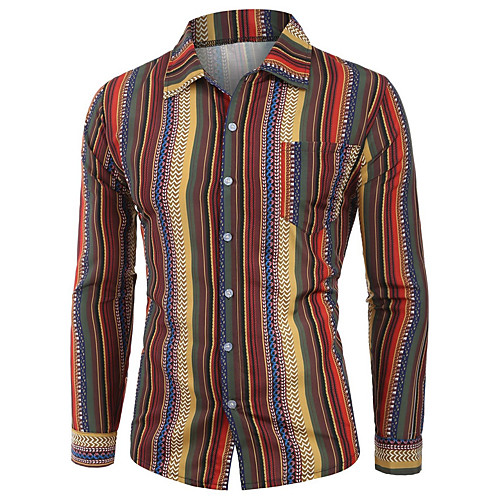 

Men's Striped Shirt - Cotton Tropical Hawaiian Holiday Going out Red / Orange / Green / Long Sleeve / Button Down Collar