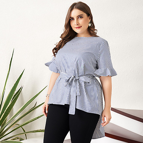 

Women's Striped Lace up Shirt Business Elegant Daily Work Blue