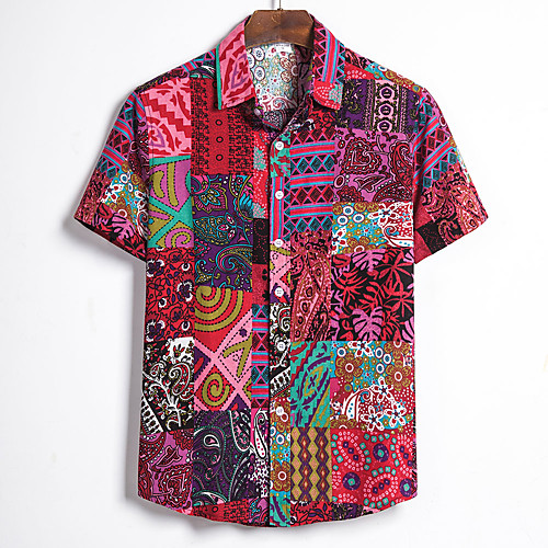 

Men's Geometric Tropical Leaf Print Shirt Hawaiian Going out Blue / Red