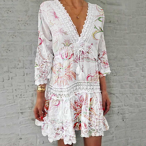 

Women's White Shirt Dress - 3/4 Length Sleeve Floral Summer Casual 2020 White S M L