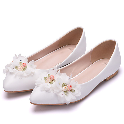 

Women's Flats Fall & Winter Block Heel Pointed Toe Sweet Minimalism Wedding Party & Evening Rhinestone / Satin Flower / Sparkling Glitter Solid Colored PU White