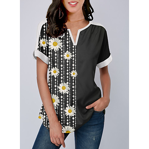

Women's Color Block Graphic Daisy Blouse - Print Round Neck Basic Daily Black M L XL 2XL 3XL