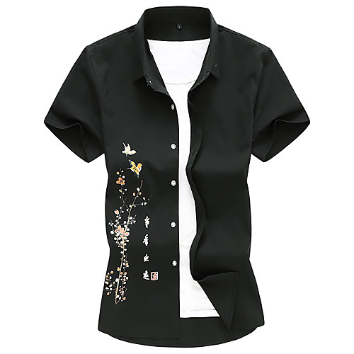 

Men's Plus Size Floral Print Shirt Chinoiserie Holiday White / Black / Light Blue / Short Sleeve