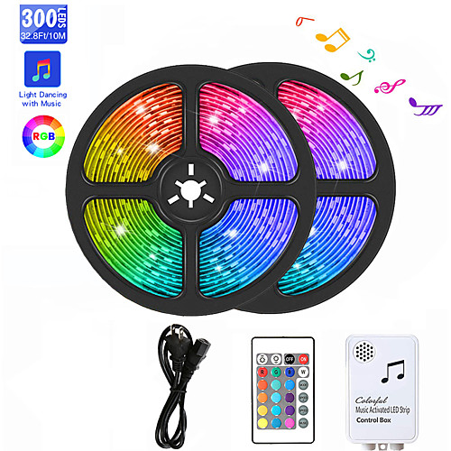 

10m LED RGB Strip Light Set Music Remote Controls 300 LEDs 5050 SMD 10mm TikTok Light 12V 6A Adapter 24Keys Remote Controller 1 set RGB Waterproof Cuttable Party 110-240 V