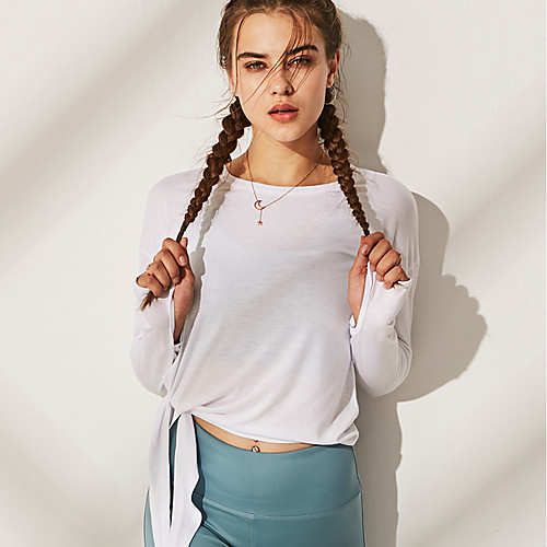 

Women's Yoga Top Thumbhole Split Solid Color White Dark Gray Elastane Yoga Running Fitness Tee / T-shirt Long Sleeve Sport Activewear Breathable Quick Dry Comfortable Stretchy