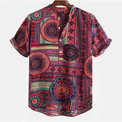 

Men's Geometric Shirt Daily Round Neck Red / Yellow / Green / Short Sleeve / Button Down Collar