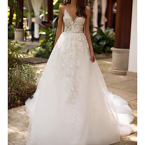 

A-Line V Neck / Spaghetti Strap Sweep / Brush Train Lace / Tulle Sleeveless Country See-Through Wedding Dresses with Embroidery 2020