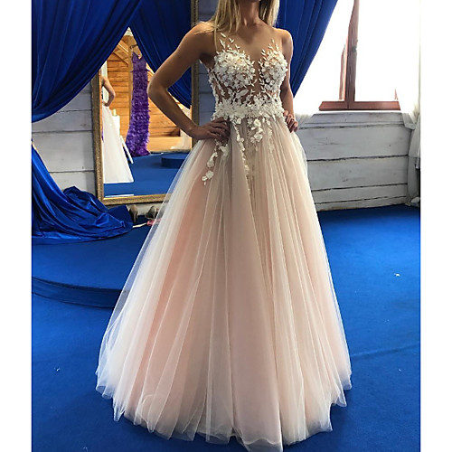 

A-Line Jewel Neck Floor Length Lace / Tulle Sleeveless Sexy Wedding Dress in Color / See-Through Wedding Dresses with Appliques 2020