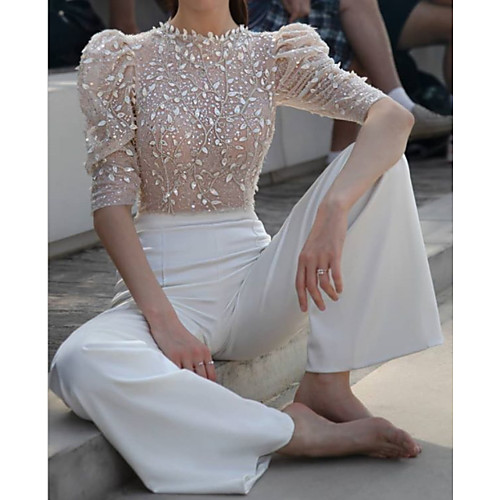 

Two Piece / Jumpsuits Jewel Neck Floor Length Lace / Satin Half Sleeve Casual See-Through Wedding Dresses with Beading 2020