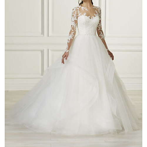 

A-Line Jewel Neck Court Train Lace / Tulle Long Sleeve Sexy See-Through Wedding Dresses with Buttons / Embroidery 2020