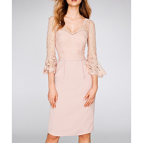 

Sheath / Column V Neck Knee Length Chiffon / Lace 3/4 Length Sleeve Elegant Mother of the Bride Dress with Lace Mother's Day 2020
