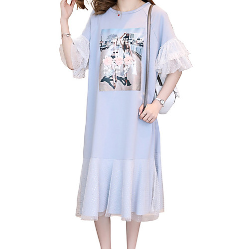 

Women's 2020 Blue White Summer Fall Dress Casual Elegant Shift Floral Ruffle Mesh S M
