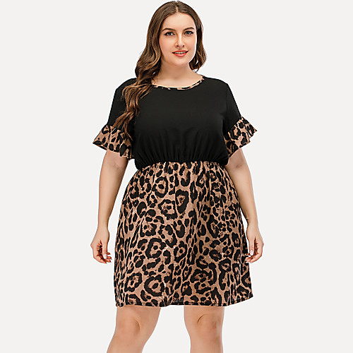 

Women's A Line Dress - Short Sleeves Leopard Patchwork Summer Sexy Street chic Daily Going out 2020 Black L XL XXL XXXL XXXXL