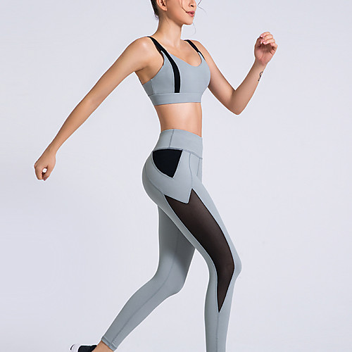 

Women's 2pcs Tracksuit Yoga Suit Solid Color Grey Khaki Blue Mesh Yoga Running Fitness Tights Leggings Bra Top Sleeveless Sport Activewear Breathable Moisture Wicking Butt Lift Tummy Control Stretchy