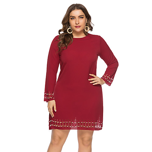 

Women's Red Shift Dress - Long Sleeve Solid Color Summer Fall Casual Elegant Daily Going out 2020 Red L XL XXL