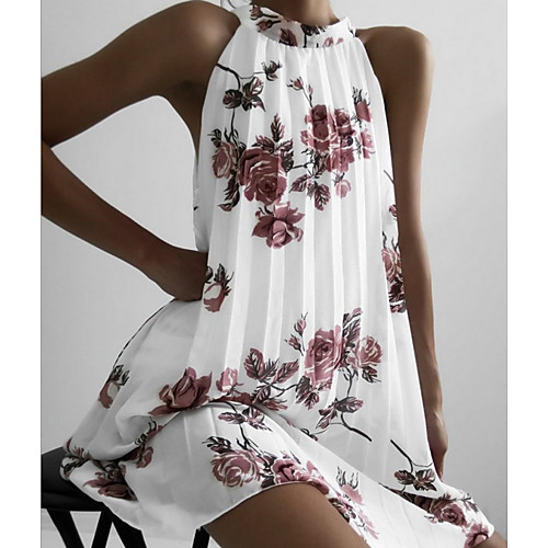 

Women's A Line Dress - Sleeveless Floral Summer Street chic 2020 White Black Blushing Pink S M L XL