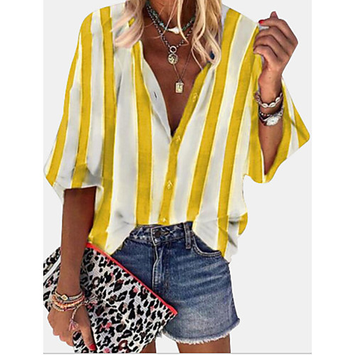 

Women's Striped Shirt V Neck Daily Summer Wine Black Blue Yellow Blushing Pink S M L XL