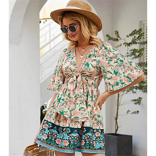 

2020 SUMMER Boho Floral Print V-Neck MINI Dresses
