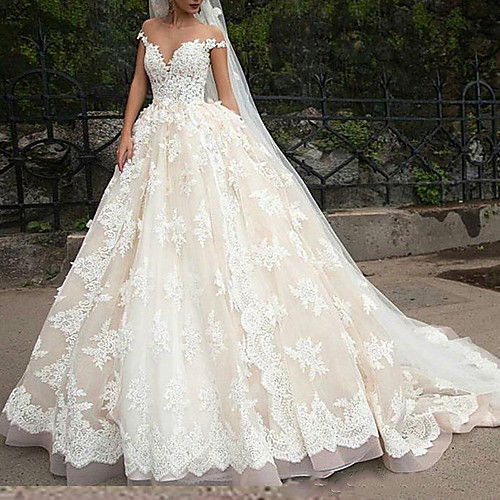 

Ball Gown Off Shoulder Court Train Polyester Cap Sleeve Country Plus Size Wedding Dresses with Lace Insert / Appliques 2020