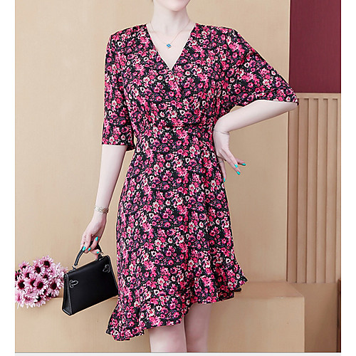 

Women's Red A Line Dress - Half Sleeve Floral Summer Street chic 2020 Red Yellow M L XL